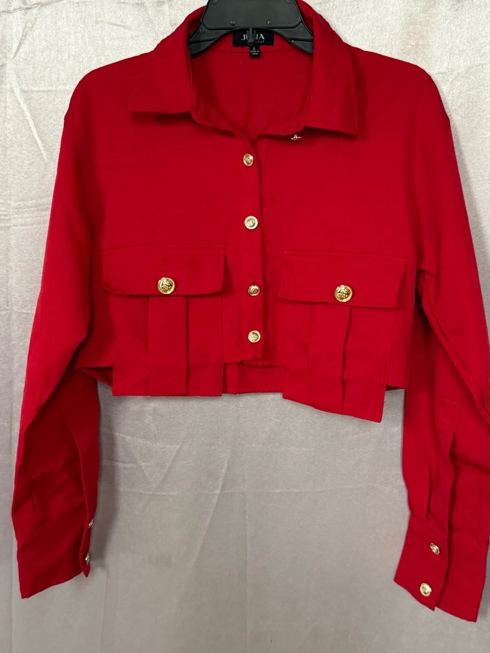 Cropped Red Button-Front Jacket with Gold Buttons - Picture 3 of 3